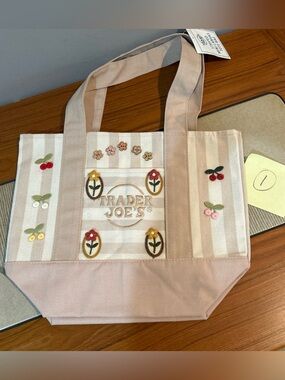 Upcycled Trader Joe's Tan Striped Embroidered Tote Bag (1 of 2)
